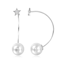 Load image into Gallery viewer, Sterling Silver Rhodium Plated Elegant CZ Paved Star with Hanging Synthetic White Pearl EarringsAnd Earring Length of 38.1MM and Pearl Diameter of 10.3MM