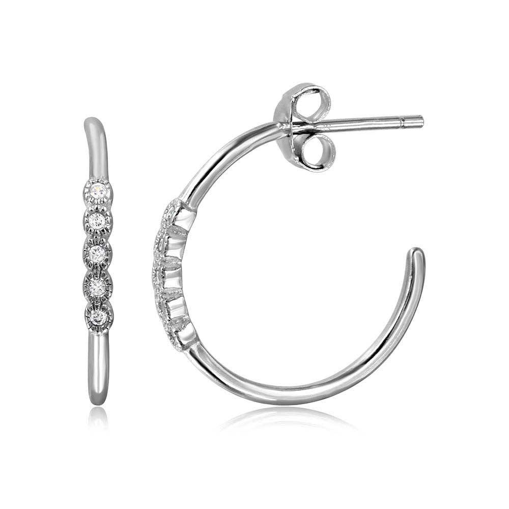 Sterling Silver Rhodium Plated Loop Earrings With Round CZ