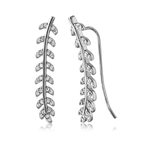 High Polished Sterling Silver Rhodium Plated Vine Earring with Paved Clear CZAnd Earring Dimensions of 5.2MMx27.5MM