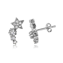 Load image into Gallery viewer, Sterling Silver Rhodium Plated Fashionable Clear CZ Climbing Stars Earrings with Earring Dimensions of 12.9MMx6.7MM and Friction Back Post