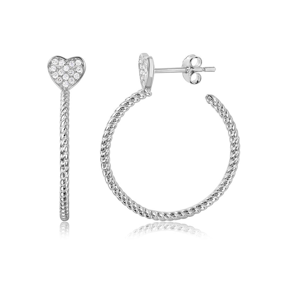 Sterling Silver Rhodium Plated Semi Hoop Earrings with Rope Design and CZ Paved HeartAnd Earring Diameter of 22MM and Friction Back Post