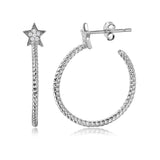 Sterling Silver Rhodium Plated Semi Hoop Earrings with Rope Design and CZ Paved StarAnd Earring Diameter of 22MM and Friction Back Post