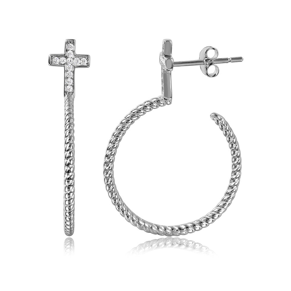 Sterling Silver Rhodium Plated Semi Hoop Earrings with Rope Design and CZ Paved CrossAnd Earring Diameter of 22MM and Friction Back Post