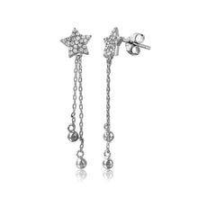 Load image into Gallery viewer, Sterling Silver Rhodium Plated CZ Paved Star Earrings with Ball DangleAnd Star Width of 8.6MM and Friction Back Post