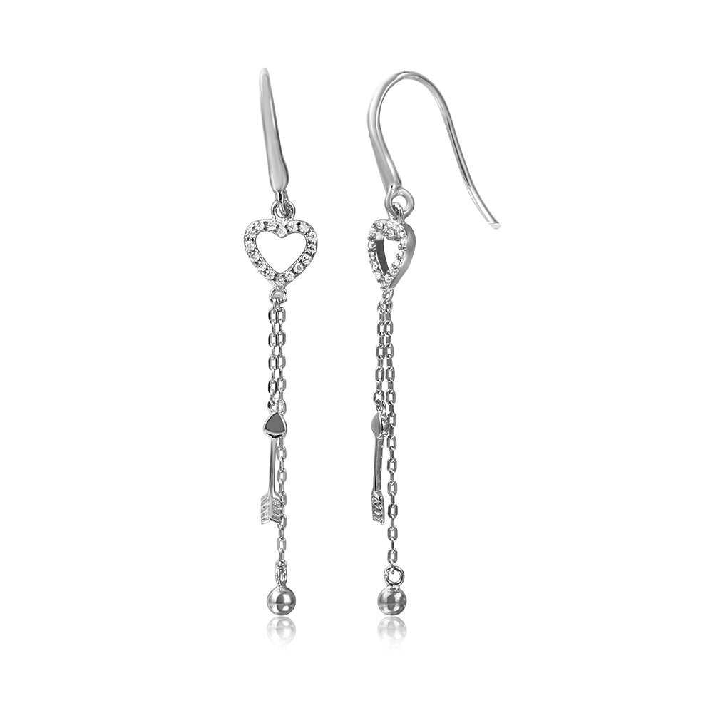 Sterling Silver Rhodium Plated CZ Paved Open Heart Earrings with Arrow and Ball Dangle
