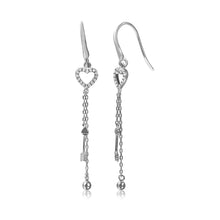 Load image into Gallery viewer, Sterling Silver Rhodium Plated CZ Paved Open Heart Earrings with Arrow and Ball Dangle