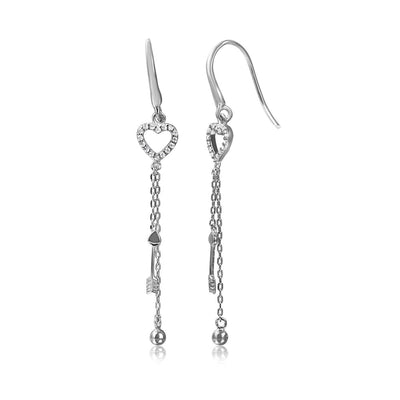 Sterling Silver Rhodium Plated CZ Paved Open Heart Earrings with Arrow and Ball Dangle