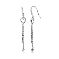 Sterling Silver Rhodium Plated CZ Paved Open Heart Earrings with Arrow and Ball Dangle