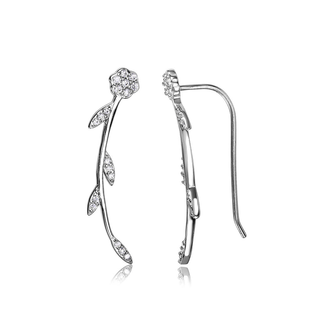 High Polished Sterling Silver Rhodium Plated Elegant Flower and Stem Earrings With Clear CZAnd Earring Length of 29.4MM