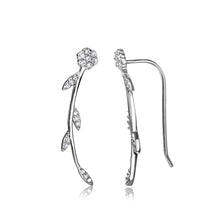 Load image into Gallery viewer, High Polished Sterling Silver Rhodium Plated Elegant Flower and Stem Earrings With Clear CZAnd Earring Length of 29.4MM