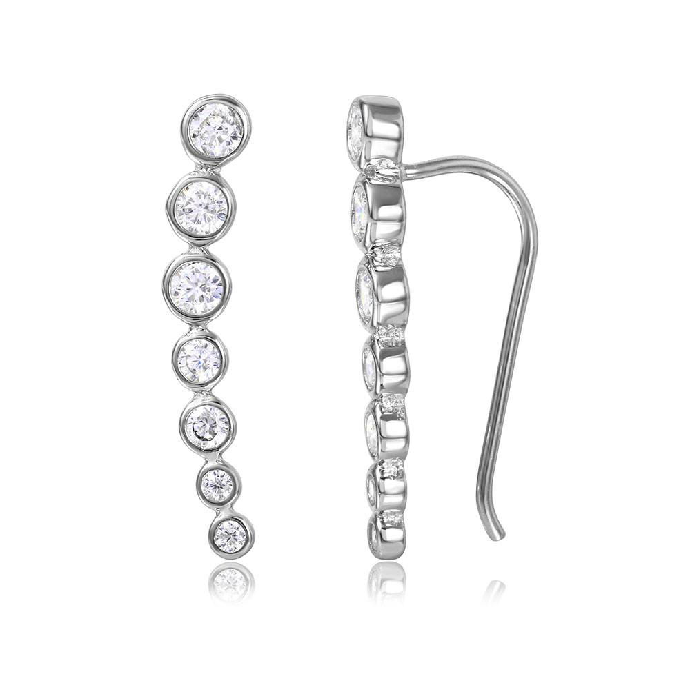 Sterling Silver Rhodium Plated Stylish Round Clear CZ Earrings with Earring Length of 21.8MM