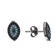 Load image into Gallery viewer, Sterling Silver Black Rhodium Plated Evil Eye Shaped Stud Earrings With Black And Turquoise CZ