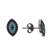 Sterling Silver Black Rhodium Plated Evil Eye Shaped Stud Earrings With Black And Turquoise CZ