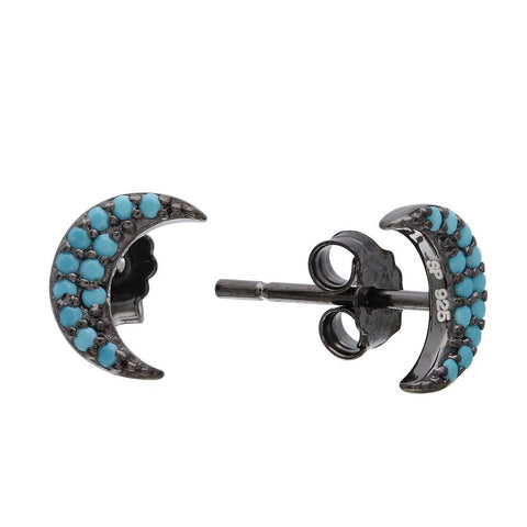 Sterling Silver Black Rhodium Plated Half Moon Shaped Earrings With Turquoise Stones