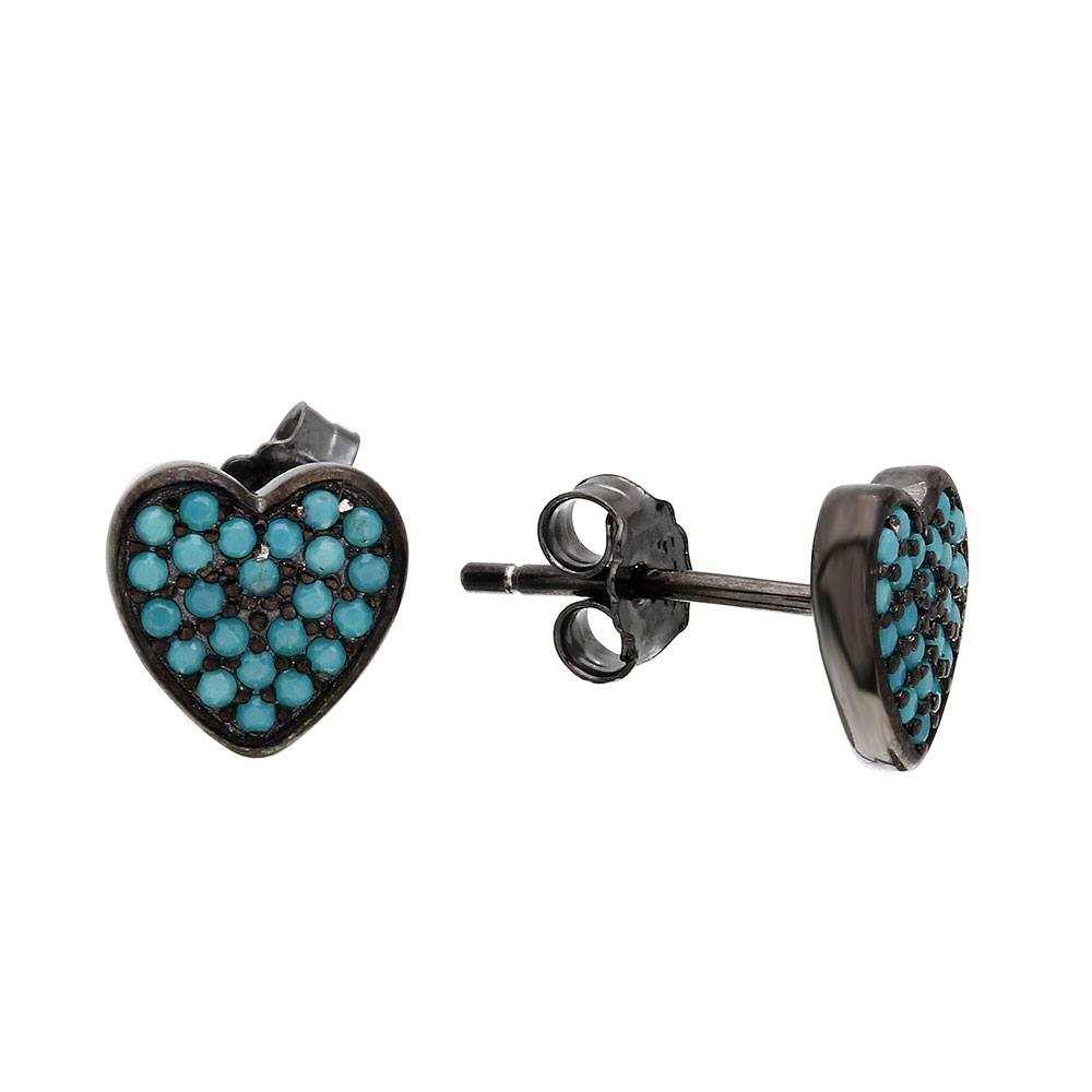 Sterling Silver Black Rhodium Plated Heart Shaped  Earrings With Turquoise Stones
