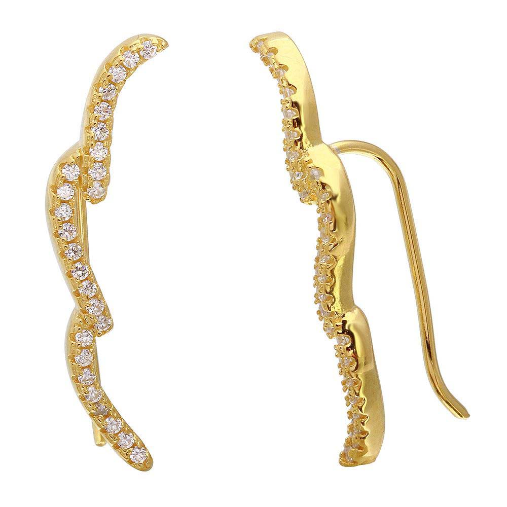 Sterling Silver Gold Plated Three CZ Waves Climbing Earrings