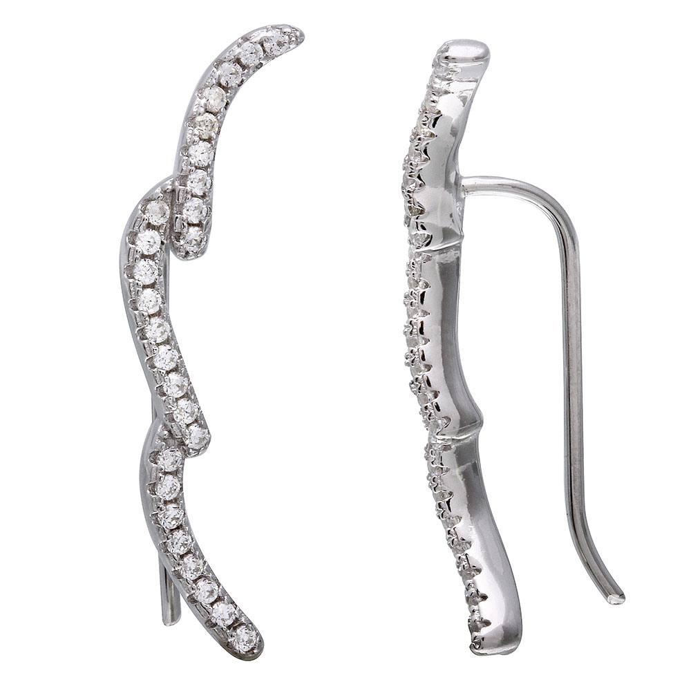 Sterling Silver Rhodium Plated Three Waves Shaped Climbing Earrings With CZ Stones