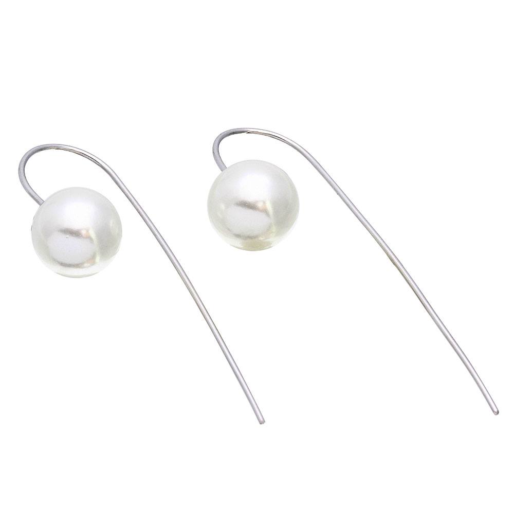 Sterling Silver Rhodium Plated Synthetic Pearl Earrings with Hanging Post