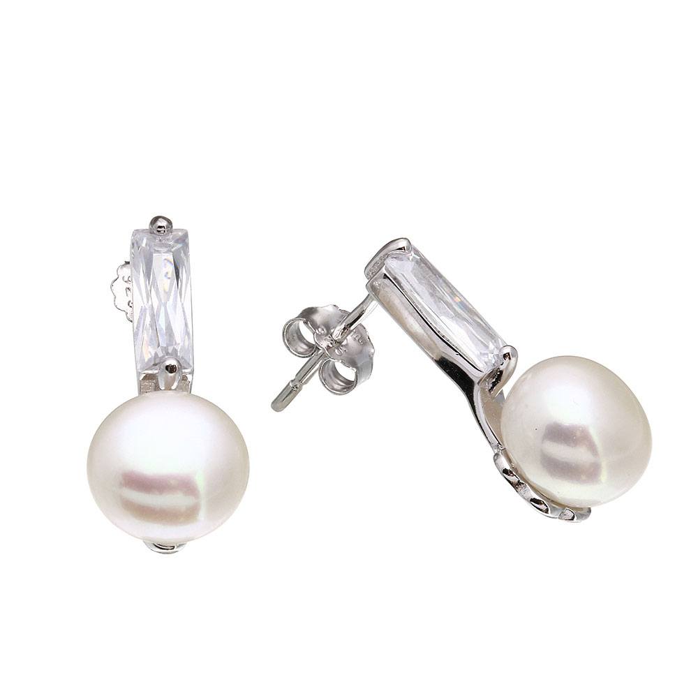 Sterling Silver Rhodium Plated CZ And Fresh Water Pearl Earrings