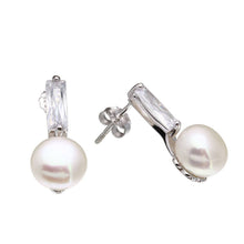 Load image into Gallery viewer, Sterling Silver Rhodium Plated CZ And Fresh Water Pearl Earrings