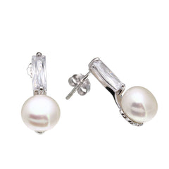 Sterling Silver Rhodium Plated CZ And Fresh Water Pearl Earrings
