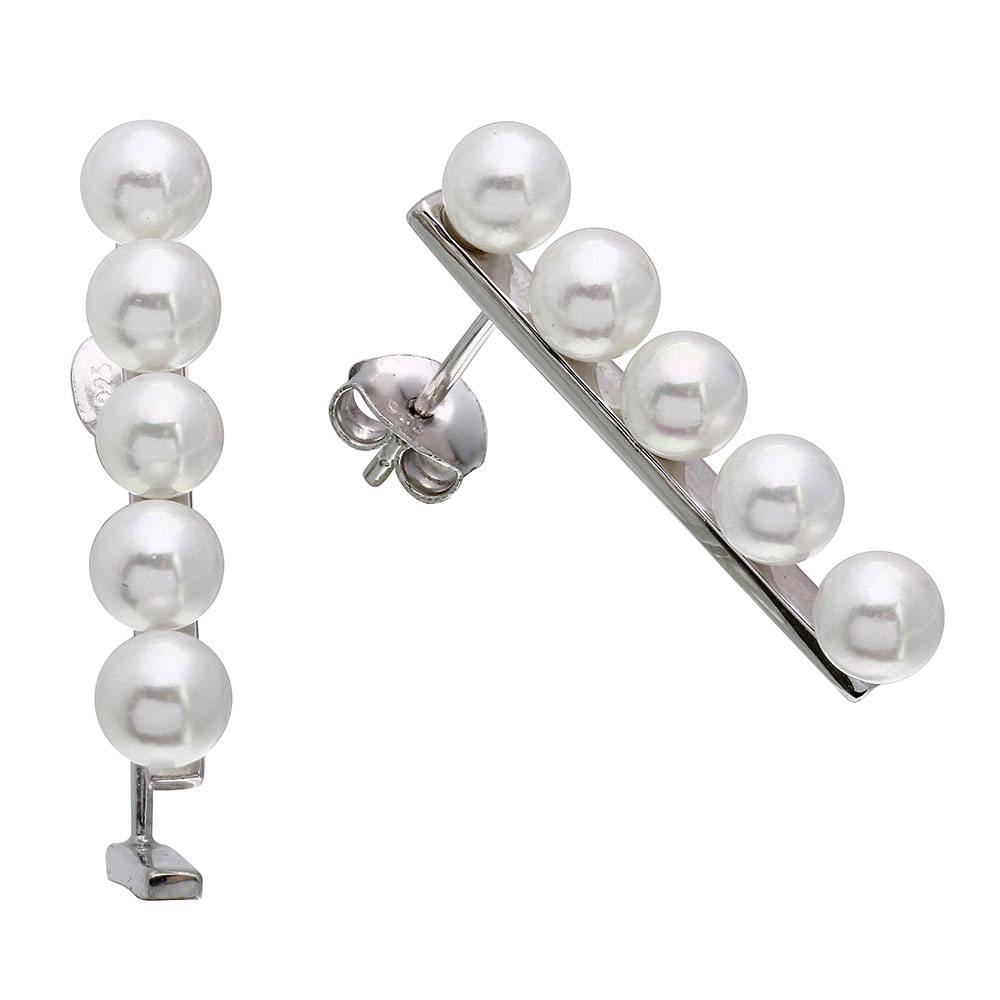 Sterling Silver Rhodium Plated Bar with Synthetic Pearls Earrings