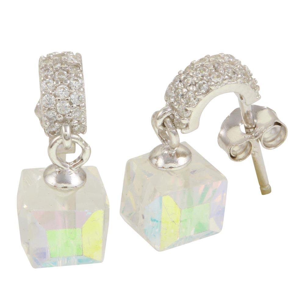 Sterling Silver Rhodium Plated Semi Huggie Earrings With Dangling Cube