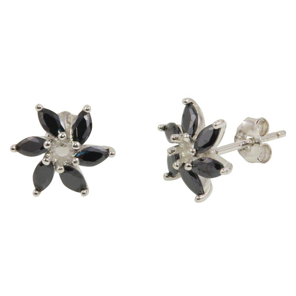 Sterling Silver Rhodium Plated Black Six Petal Flower Stud Earring