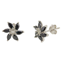 Load image into Gallery viewer, Sterling Silver Rhodium Plated Black Six Petal Flower Stud Earring