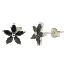 Load image into Gallery viewer, Sterling Silver Rhodium Plated Five Petal Flower Shaped Stud Earrings With Black CZ