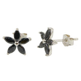 Sterling Silver Rhodium Plated Five Petal Flower Shaped Stud Earrings With Black CZ