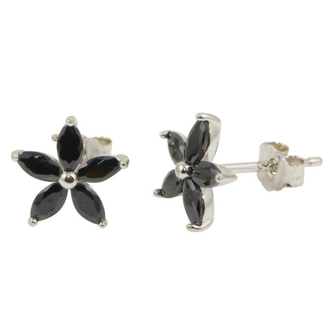 Sterling Silver Rhodium Plated Five Petal Flower Shaped Stud Earrings With Black CZ