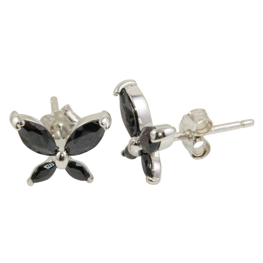 Sterling Silver Rhodium Plated Butterfly Shaped Stud Earrings With Black CZ