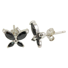 Load image into Gallery viewer, Sterling Silver Rhodium Plated Butterfly Shaped Stud Earrings With Black CZ