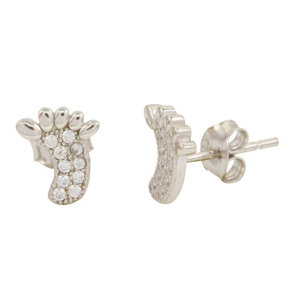Sterling Silver Rhodium Plated Foot Shaped Stud Earrings With CZ Stones