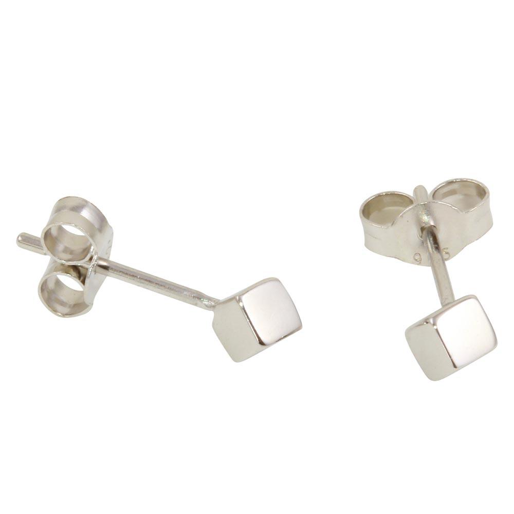 Sterling Silver Rhodium Plated Cube Shaped Stud Earrings