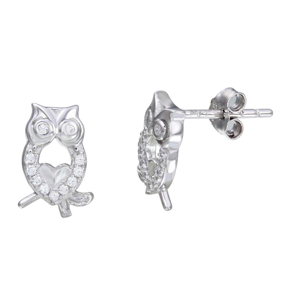 Sterling Silver Rhodium Plated Owl Shaped Stud Earrings With CZ Stones