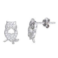 Load image into Gallery viewer, Sterling Silver Rhodium Plated Owl Shaped Stud Earrings With CZ Stones