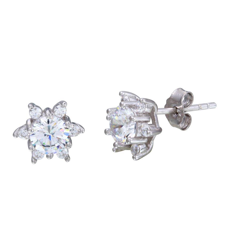 Sterling Silver Rhodium Plated Flower Shaped Stud Earrings With CZ Stones