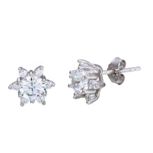 Load image into Gallery viewer, Sterling Silver Rhodium Plated Flower Shaped Stud Earrings With CZ Stones