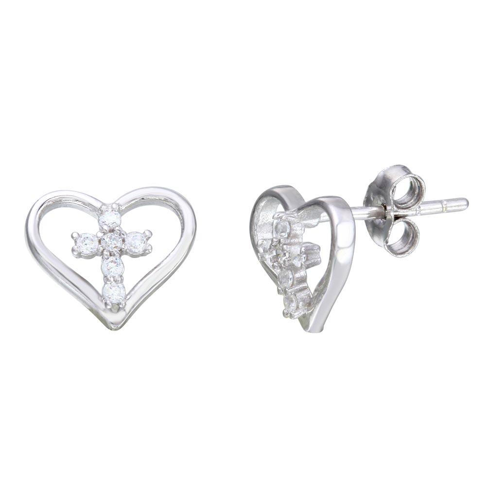 Sterling Silver Rhodium Plated Cross In Heart Shaped Stud Earrings With CZ Stones