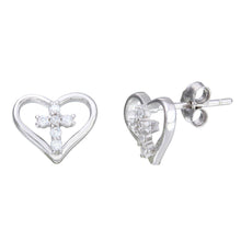 Load image into Gallery viewer, Sterling Silver Rhodium Plated Cross In Heart Shaped Stud Earrings With CZ Stones