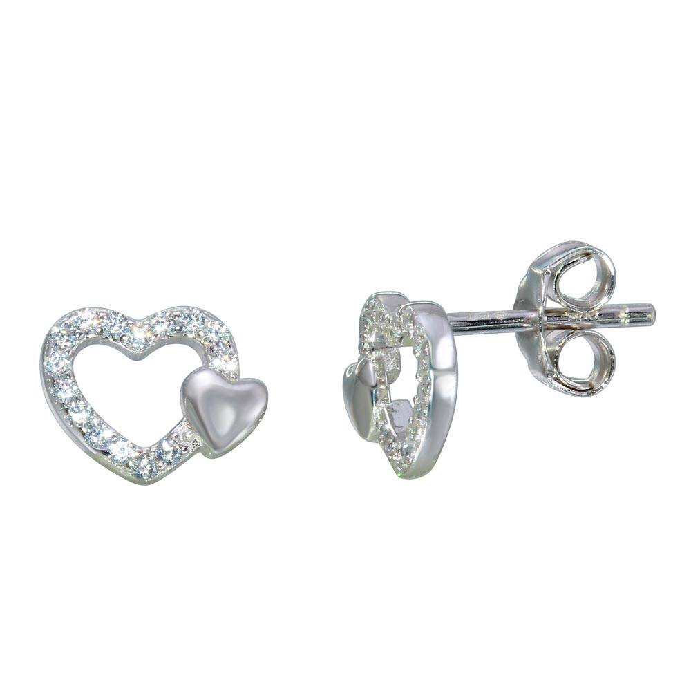 Sterling Silver Rhodium Plated Open Mini Heart Shaped Stud Earrings With CZ Stones