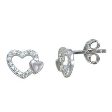 Load image into Gallery viewer, Sterling Silver Rhodium Plated Open Mini Heart Shaped Stud Earrings With CZ Stones