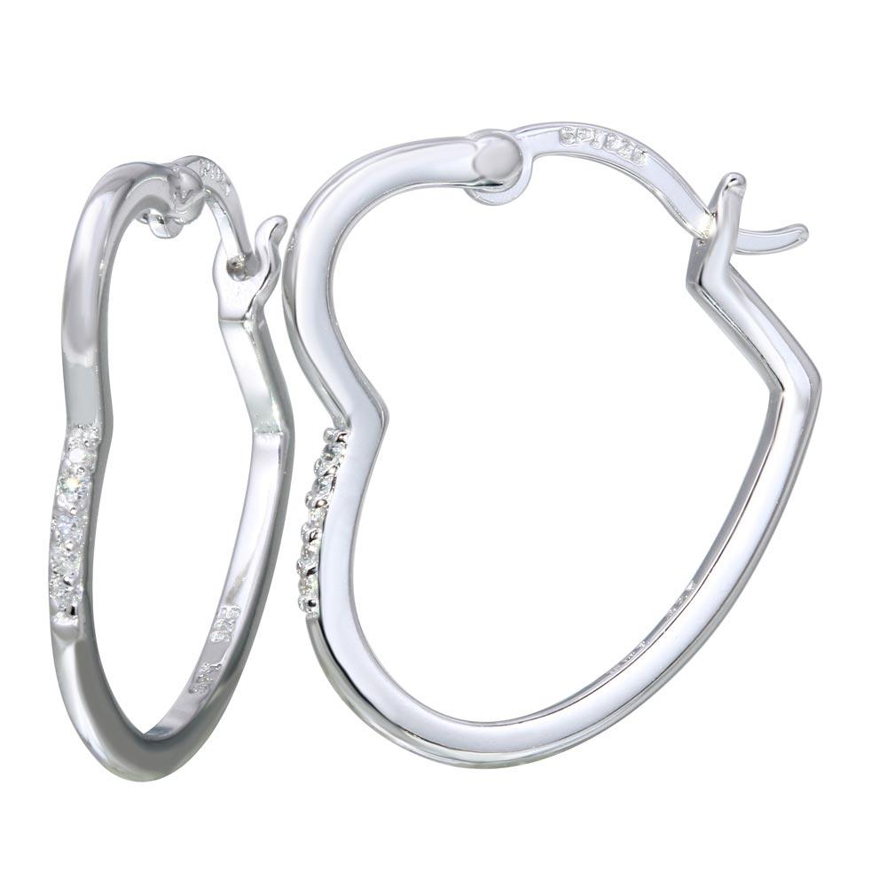 Sterling Silver Rhodium Plated Open Heart Shape Hoop Earrings With CZ Stones