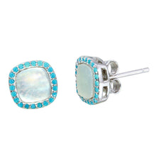 Load image into Gallery viewer, Sterling Silver Rhodium Plated Square Opal Stud Earrings With Blue CZ