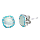 Sterling Silver Rhodium Plated Square Opal Stud Earrings With Blue CZ