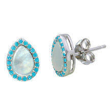 Load image into Gallery viewer, Sterling Silver Rhodium Plated Teardrop Shaped Opal Stud Earrings With Blue CZ