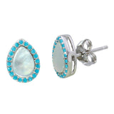 Sterling Silver Rhodium Plated Teardrop Shaped Opal Stud Earrings With Blue CZ