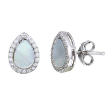 Load image into Gallery viewer, Sterling Silver Rhodium Plated Teardrop Shaped Opal Stud Earrings With Clear CZ Stones